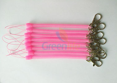 Plastic Expanding Coil Key Holder With String And Snap Clip , Transparent Pink Color