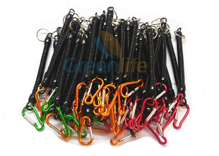 Black Plastic Coiled Spring Coil Lanyard , Colourful Carabiners Retractable Coil Cord
