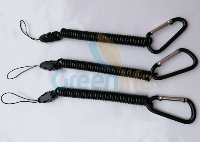 Detachable Elastic Coil-Style Lanyard Black Rope With String Loop / Carabiner