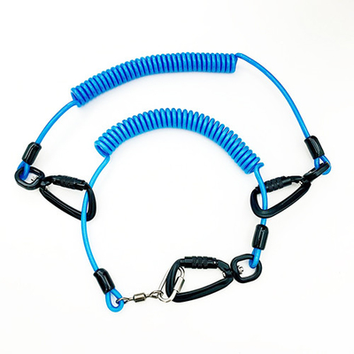 Blue Covered Coil Safety Tool Strap With Oval Hook And Karabiner