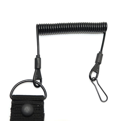 Strong Steel Wire Black Coiled Pistol Retention Lanyard With Webbing Strap