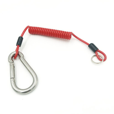 Stainless Wire Reinforced Red Coil Tool Lanyard With Karabiner And Split Ring