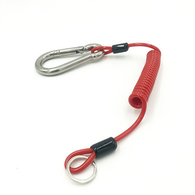 Stainless Wire Reinforced Red Coil Tool Lanyard With Karabiner And Split Ring
