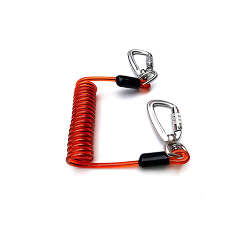 Professional Adjustable Safety Plastic TPU Coated Spring Steel Coiled Tool Lanyard With Double Carabiners